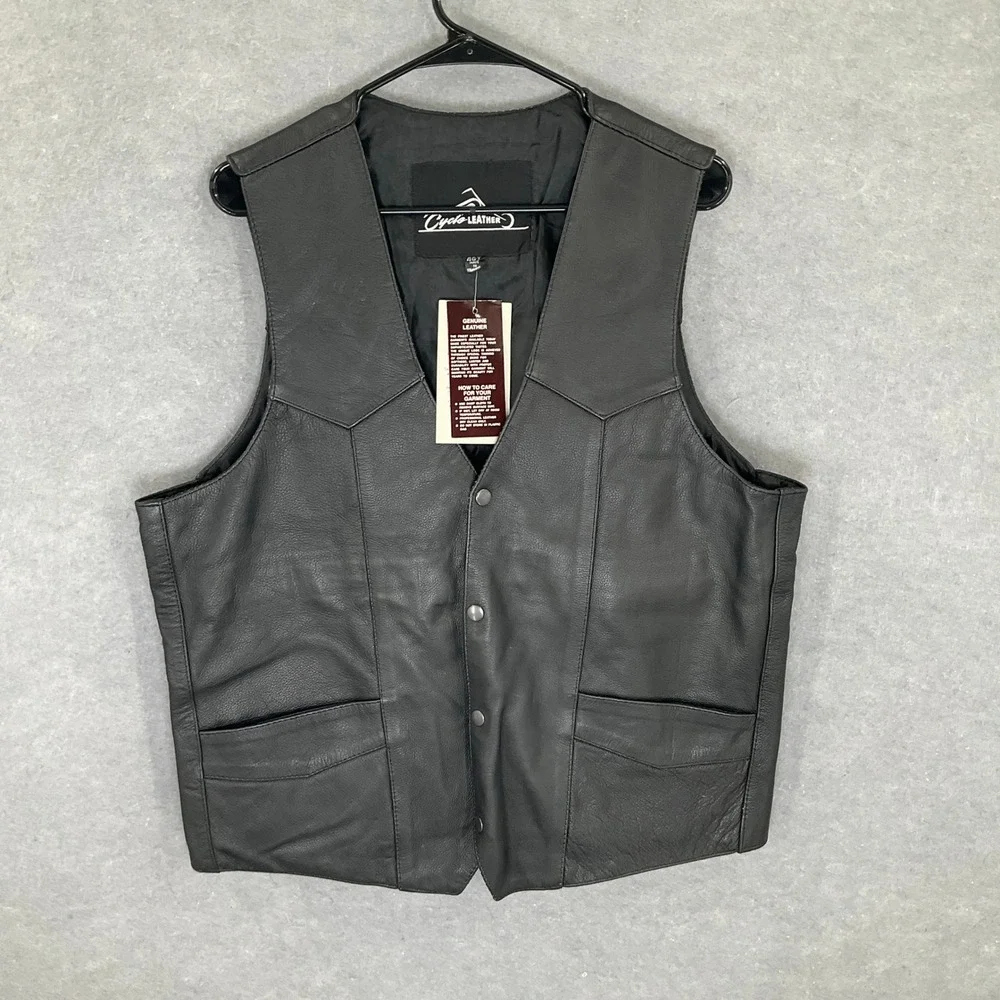 Cycle Leather Vest Mens‎ 46T Black Genuine Leather Motorcycle Biker Sleeveless